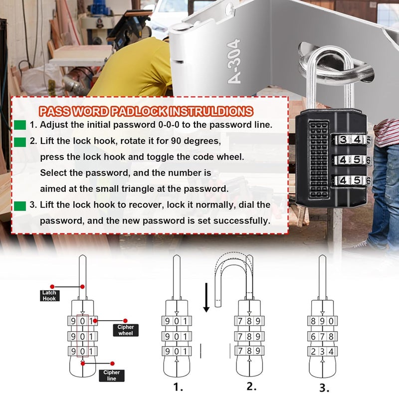 Sunxeke 4 Inch Door Locks Hasp Latch 90 Degree 2 Pack,304 Stainless Steel Safety Padlock Clasp Hasp Lock Latch with Combo Lock & Padlock,Heavy Duty Gate Latch Lock with Screws - Image 5